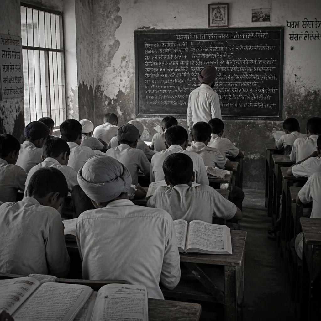 Overcrowded classroom where students memorise textbooks by rote