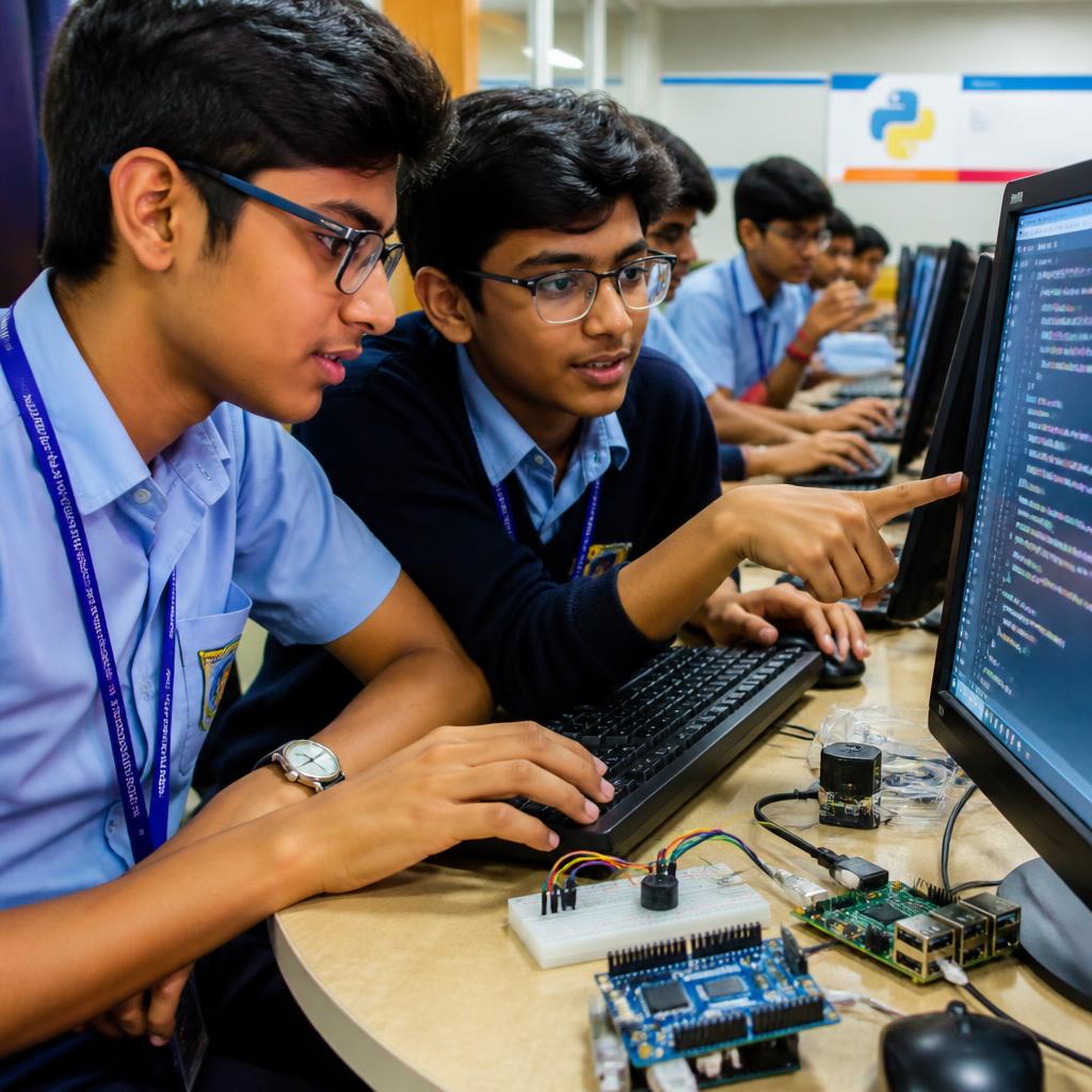 Students writing code and wiring microcontrollers in a shared-PC school lab